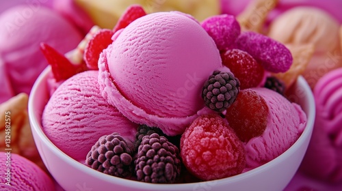 Berry Bliss: A delightful close-up shot showcasing a vibrant bowl of pink ice cream, generously adorned with a medley of fresh berries and cookies, creating a visually stunning and tempting treat.