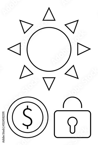 Sun with radiating triangles above a dollar coin and lock. Ideal for sustainability, financial security, energy savings, renewable resources, banking, eco-friendliness, flat simple metaphor