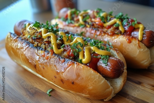 Delicious Hot Dogs Topped With Onions and Sauces on Wooden Cutting Board