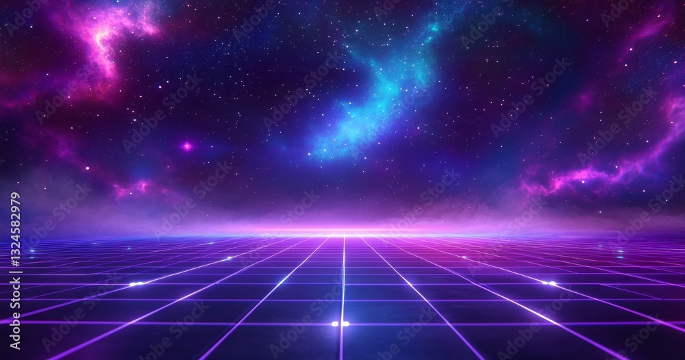 Futuristic background grid with neon purple and blue lighting, a space sky, stars, nebula. Futuristic background grid with neon purple and blue lighting, a space sky, stars, nebula.