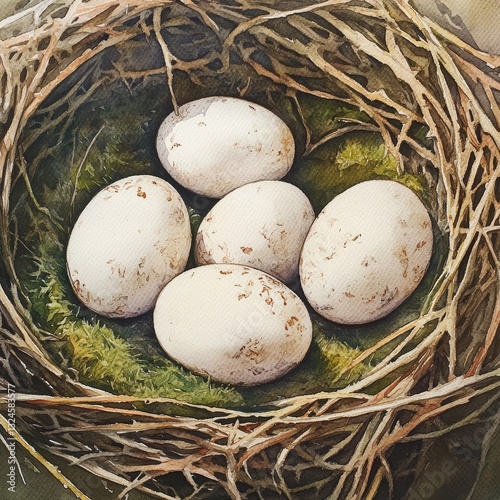 Watercolor illustration of an Easter egg in a nest nestled among twigs and moss. Easter egg illustration