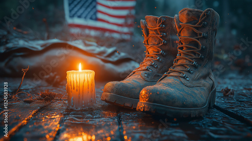 Memorial Day Tribute with Military Boots, Candle, and American Flag, Ai Generated images. photo