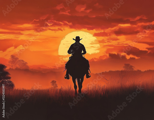 Silhouette of cowboy on horseback at sunset