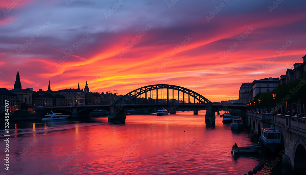 Naklejka premium Sunset Over a Historic European Bridge and River – Breathtaking Cityscape