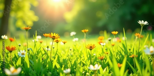 Sun-drenched meadow, vibrant green grass, wildflowers , rural, scene