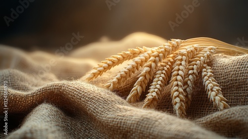 Golden wheat ears on burlap, sunlit, agricultural scene