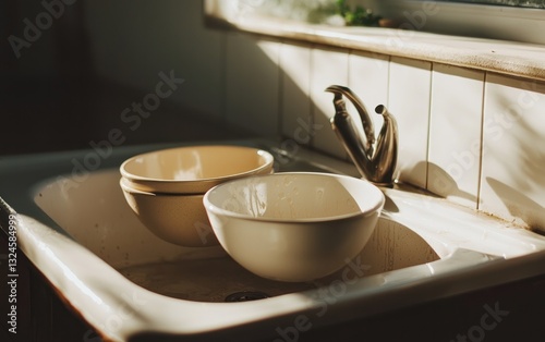 Wallpaper Mural Sunlit Ceramic Bowls in a Rustic Kitchen Sink Torontodigital.ca