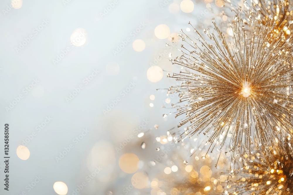 Fototapeta premium Golden fireworks burst with a sparkling bokeh effect on a soft white background. Luxurious, festive, and elegant, perfect for New Year celebrations, holiday themes, and decorative designs.