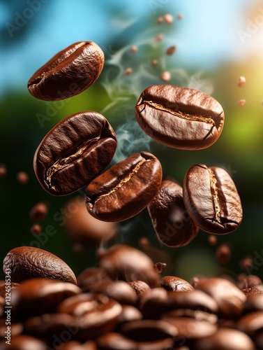 Coffee Beans' Aerial Dance: An artistic shot capturing the aromatic essence of roasted coffee beans, with some in mid-air and others resting, a dance of flavor and warmth against a blurred backdrop.