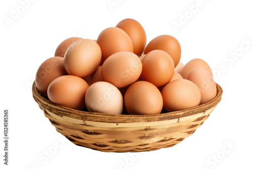 Wallpaper Mural A side view of a basket overflowing with eggs set on a simple wooden table with visible grain patterns isolated on white background Torontodigital.ca