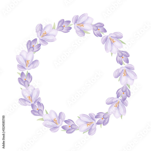 Purple crocuses round frame isolated on white. Spring flowers and green leaves wreath in watercolor style. Hand drawn design element for wedding invitations and greeting cards