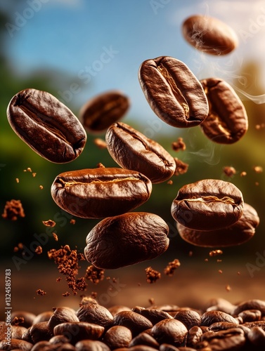 Coffee Bean Burst: Roasted coffee beans suspended in mid-air, showcasing their rich, dark color and intricate details against a blurred background of lush greenery. The image conveys freshness.