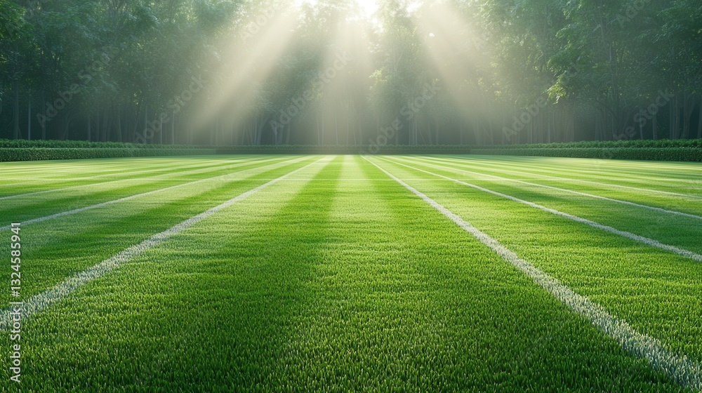 Obraz premium A lush green sports field with vibrant white lines running across the surface creating a visually striking and well manicured playing area illuminated by the warm