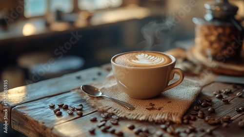 Warm Cup of Coffee With Intricate Latte Art in a Cozy Setting