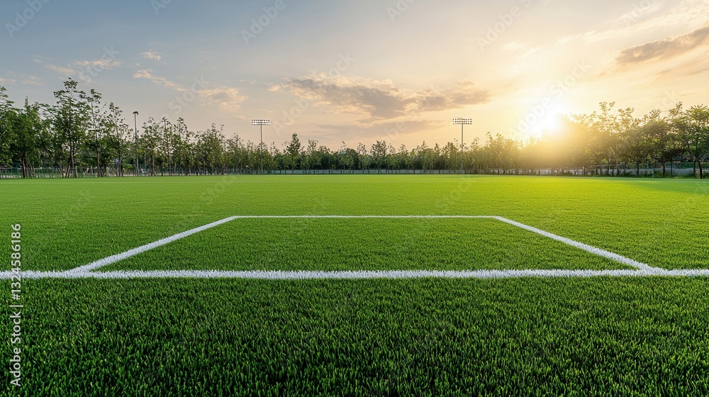 Obraz premium Stunning panoramic view of a perfectly manicured sports field with bright green grass and white painted lines for soccer or football games