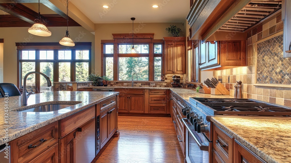 Modern kitchen featuring wooden cabinets, granite countertops, and large windows for natural light. Modern kitchen featuring wooden cabinets, granite countertops, and large windows for natural light.