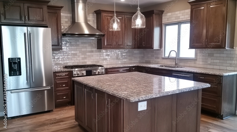 Fototapeta premium Modern kitchen featuring wooden cabinets, granite countertops, and stainless steel appliances.