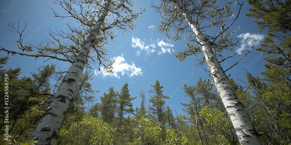 Fototapeta premium Majestic Birch Trees Reaching for a Sunny Sky in a Lush Forest