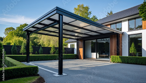 Modern house exterior with stylish metal carport and glass roof in luxury residential setting with minimal landscaping