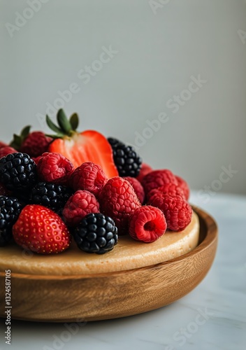 Delicious Layered Cake Topped With Fresh Raspberries and Blackberries on a Wo...