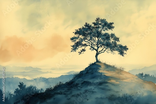 Sunrise View of a Solitary Tree on a Hilltop Overlooking a Misty Landscape