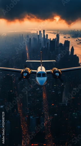 Above the Skyline of a Bustling City With a Jet Approaching Landing in the Go...
