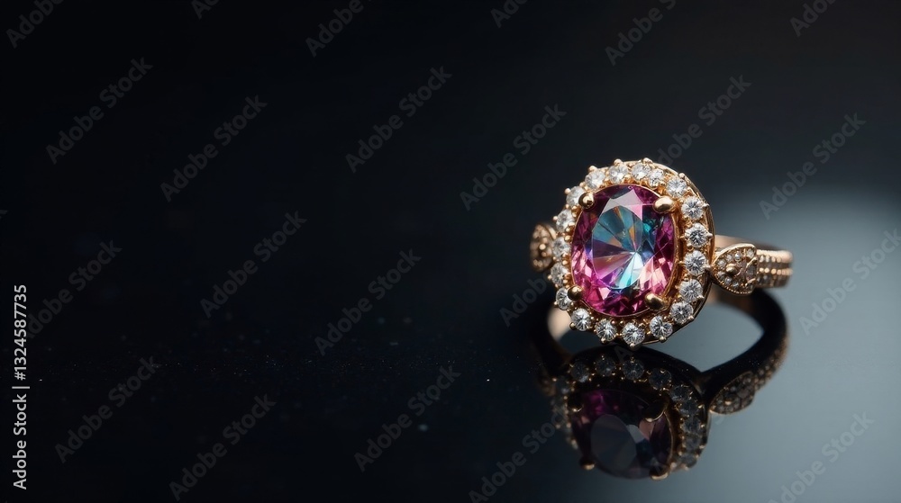 Naklejka premium A radiant gemstone ring, showcasing a mesmerizing multicolored oval stone encircled by a halo of brilliant diamonds, rests elegantly on a dark reflective surface.