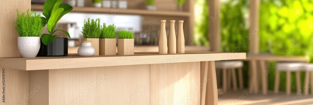 Modern wooden counter with pots of plants and bottles, bright indoor setting Modern wooden counter with pots of plants and bottles, bright indoor setting
