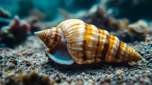 Close-up of a sea snail crawling on the seafloor.