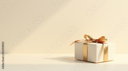 Elegant cream gift box with a golden ribbon bow, sitting on a neutral surface in soft sunlight
