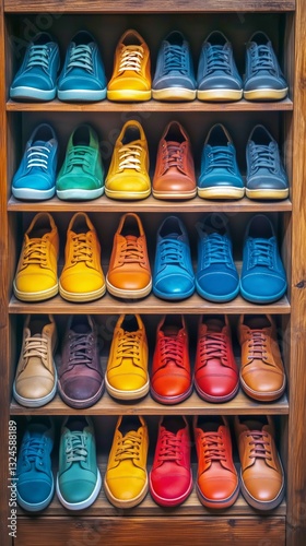 Colorful Sneakers Displayed on Wooden Shelves in a Retail Store
