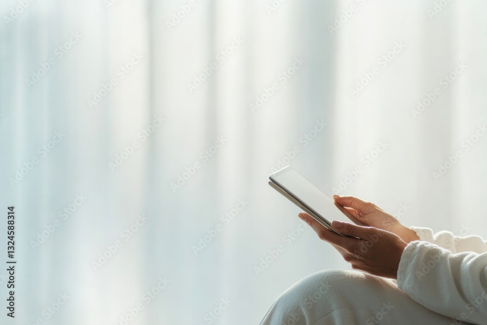 thoughtful online coach holding tablet and taking notes natural light streaming in background blurred copy space thoughtful online coach holding tablet and taking notes natural light streaming in background blurred copy space