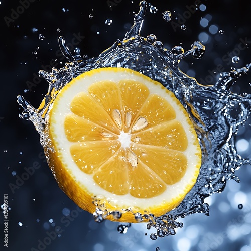 Lemon slice splashing in water with vibrant droplets flying. photo