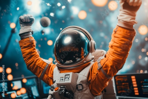 Fototapeta Naklejka Na Ścianę i Meble -  A team of astronauts celebrating in a control room after a successful mission, with the spacecraft landing visible on screens