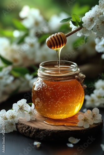 Golden Honey Drips From a Wooden Spoon Into a Jar Surrounded by Delicate Blos...