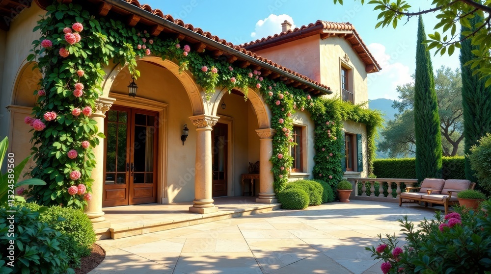 Fototapeta premium Mediterranean-style residence with flourishing climbing roses adorning its arched entryway and patio, creating a tranquil and inviting atmosphere