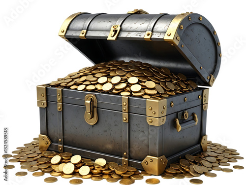 An overflowing antique metal chest filled with gold coins sits on a pile of more coins.