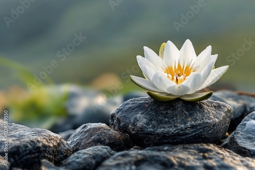 White Flower Rests on Smooth River Stone During Sunset Glow Creating Serene N...