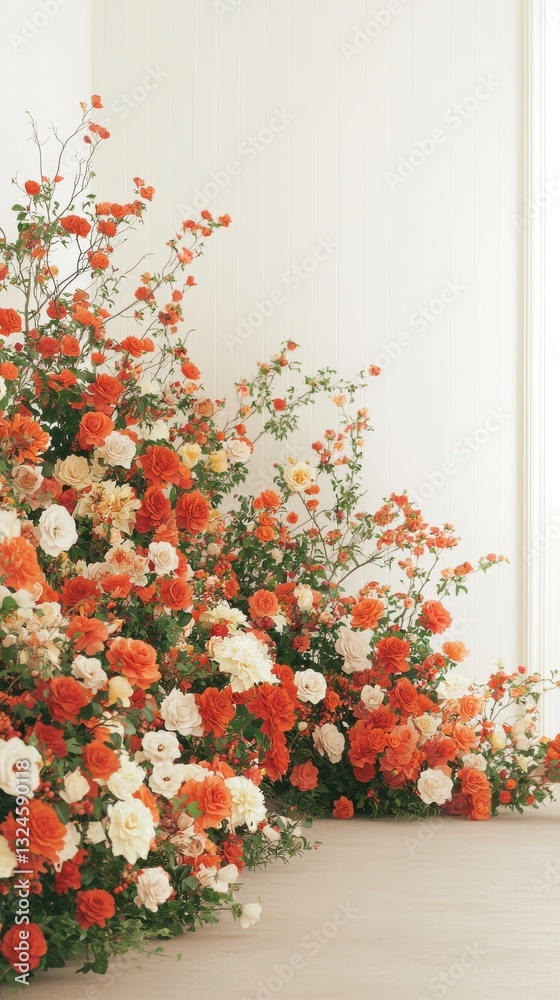 Fototapeta premium Lush floral display of orange and white roses and blooms with artistic arrangement for event decoration