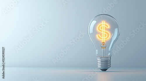 A futuristic 3D rendered image of a lightbulb with a glowing luminous dollar sign symbol representing innovation technology and the potential for business growth and financial success