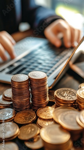 Stacked Coins and Laptop on Table During Financial Analysis in a Modern Works...