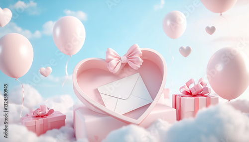 AI generator image of  Blank greeting card mockup, white paper card with envelope, gift box and flowers on  background

