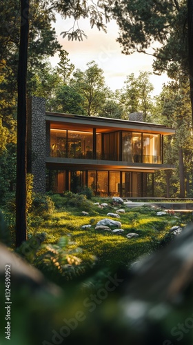 Modern Glass House Surrounded by Lush Forest in Early Morning Light