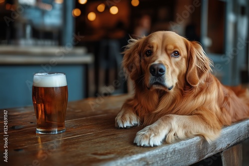 Golden Retriever Relaxes at Bar With Glass of Beer in Cozy Evening Atmosphere