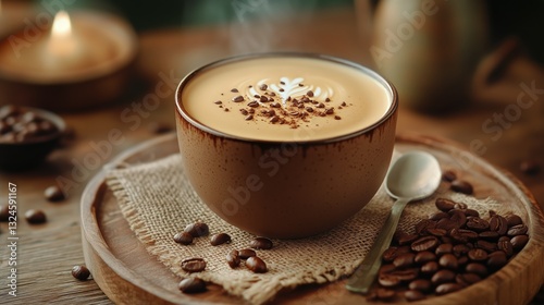 Warm Cup of Coffee With Intricate Latte Art in a Cozy Setting