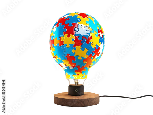 Puzzle pieces forming a light bulb, symbolizing autism awareness and unique perspectives.
