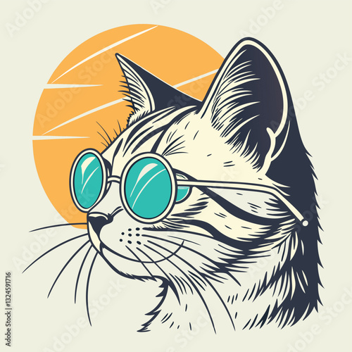 "Star Sunglasses Cat" T-Shirt Design - Cool and Retro Feline Graphic with Star Shades for Cat Lovers Seeking Fun, Playful, and Stylish Pet Apparel with a Touch of Whimsy