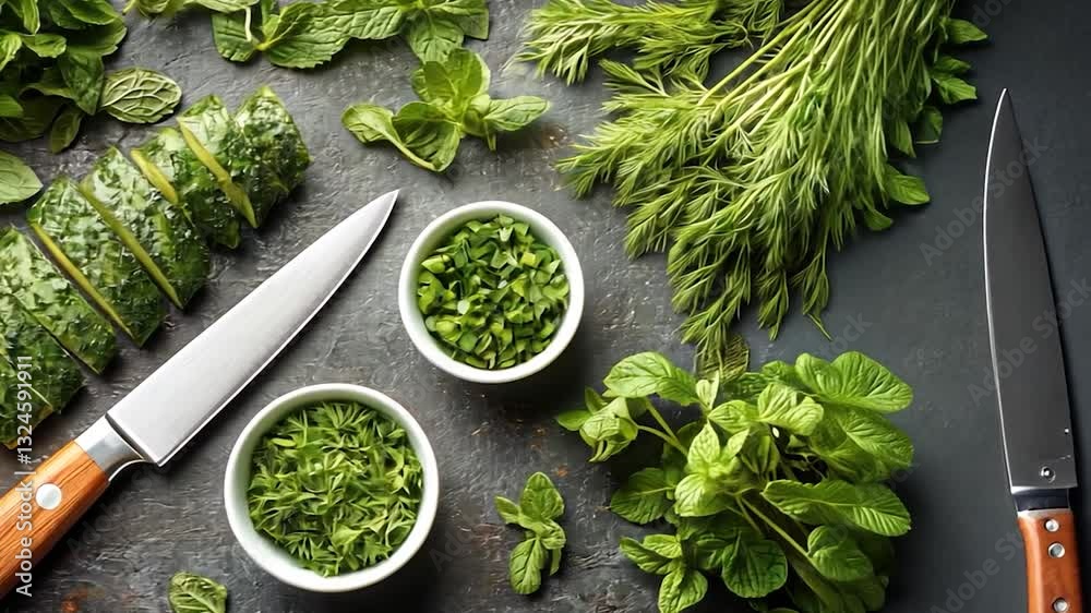 Fresh herbs and chopped greens arranged on a stone surface with knife