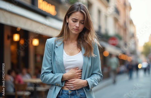Young woman feeling sudden strong ache, gastritis problem. Upset tourist lady symptom poisoning, diarrhea, indigestion. Girl suffer abdominal pain, peptic ulcer, pancreatitis on city street. Travel photo