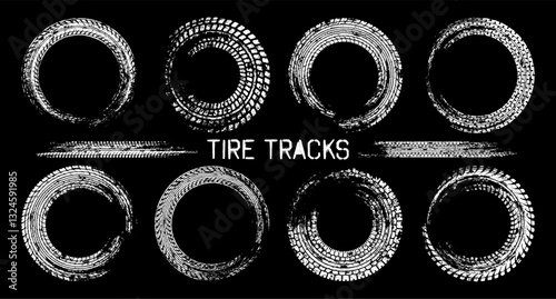 Grunge circle tire tracks, wheel braking marks. Truck, car or motorcycle tread pattern silhouettes. Auto race, motorsport, speed racing design element. Vector illustration